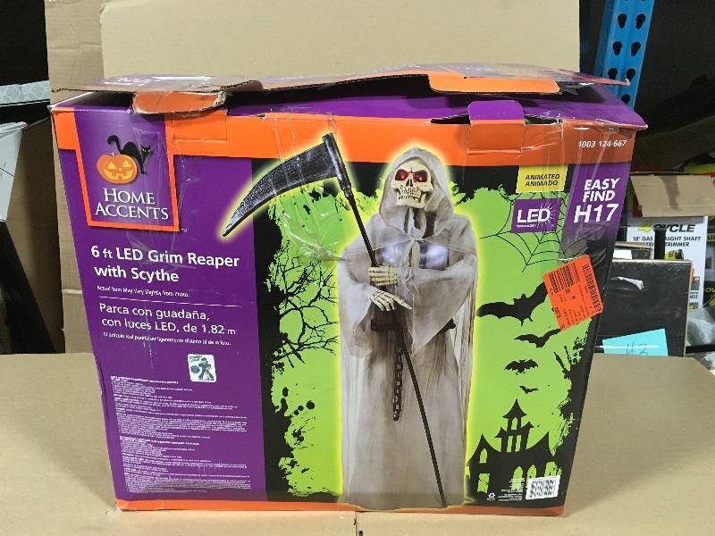 lot 126 image: Home Accents Holiday 72 in. Animated Grim Reaper Holding Scythe with LED Eyes