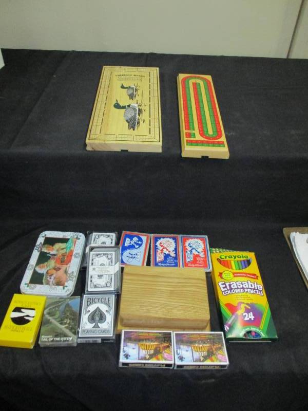 Cribbage Boards, Decks of cards (some new), Card Holder