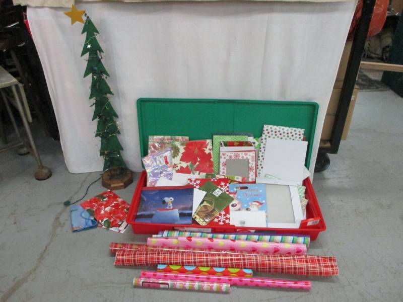 Christmas Gift Wrapping Supplies and Tote.  Wooden Tree
