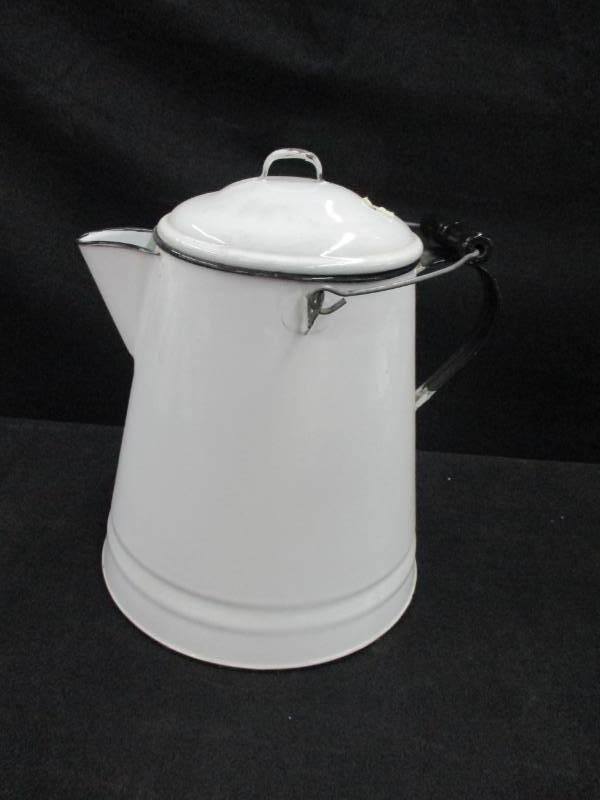 Large Enamel Coffee Pot has wood handles 
