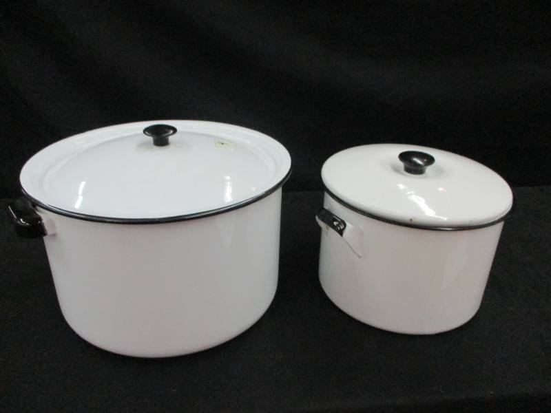 2 Black and White Enamel Pots with Covers