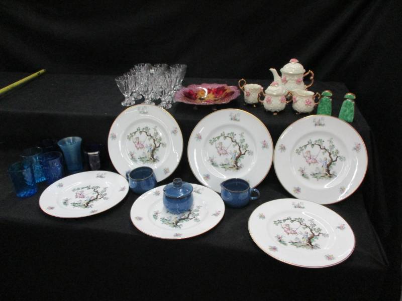 England, CB and Watteau England Fine Bone China Plates, clear glasses, ble galsses, coffe pot and cream and sugar (brass), and more