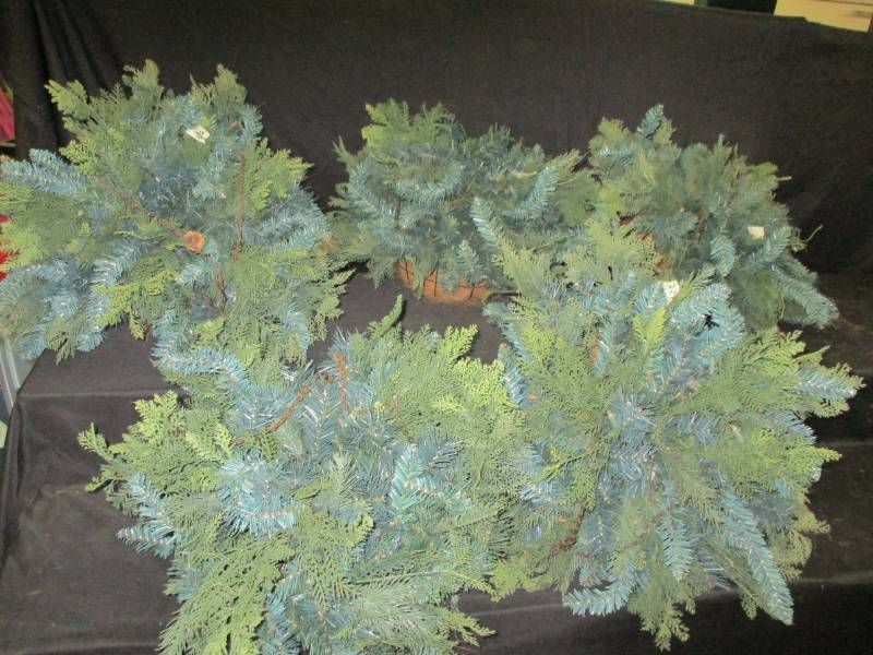 5 baskets full of greenery with lights in them