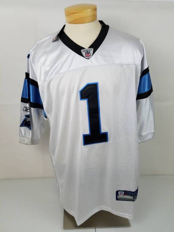 On field NFL Reebox White #1 Cam Newton Football Jersey size 54