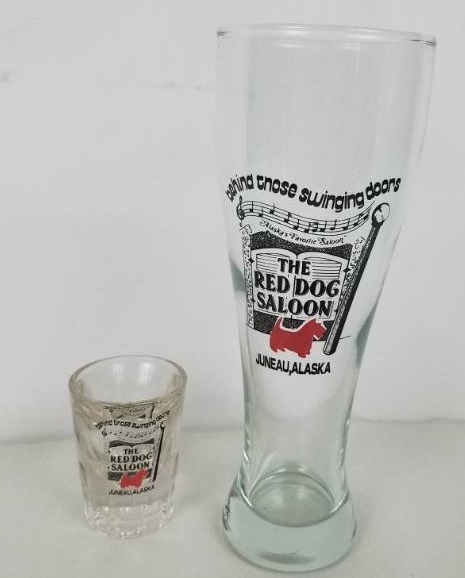 The Red Dog Saloon Beer Glass and Shot Glass