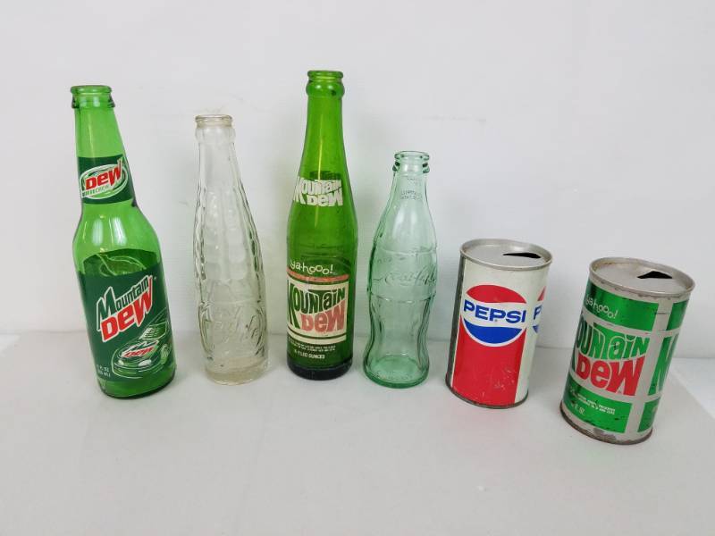 Lot of six Pepsi-Cola Mountain Dew Tru Ade cans and bottles
