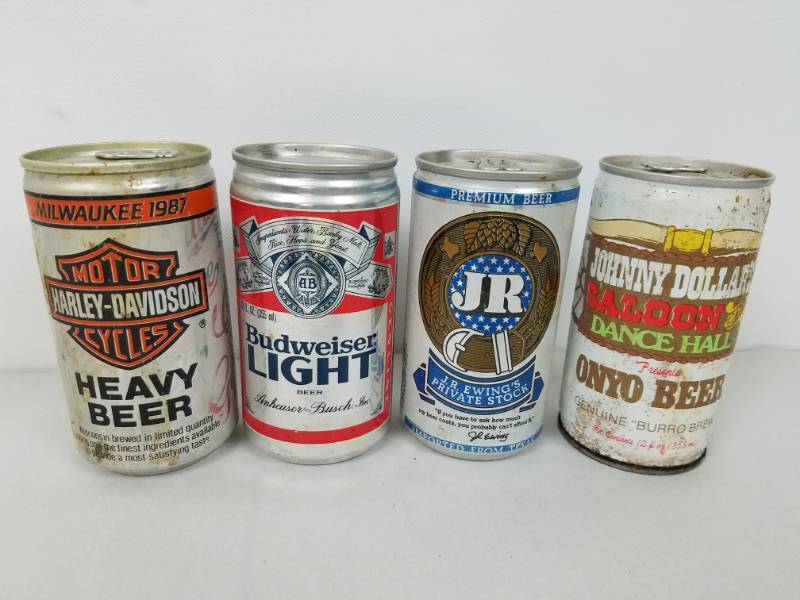 4 Vintage Beer Cans Harley Davidson J. R. Ewing Private Stock & Johnny Dollars