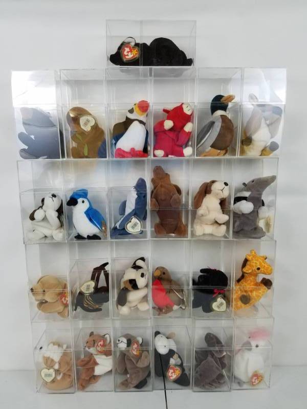 25 TY Beanie Baby Animals in glass case