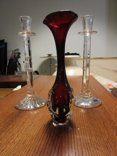 WATERFORD CANDLESTICK HOLDERS AND ART GLASS