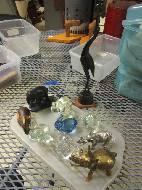 HERON SCUPTURE AND MIXED MEDIA ELEPHANTS