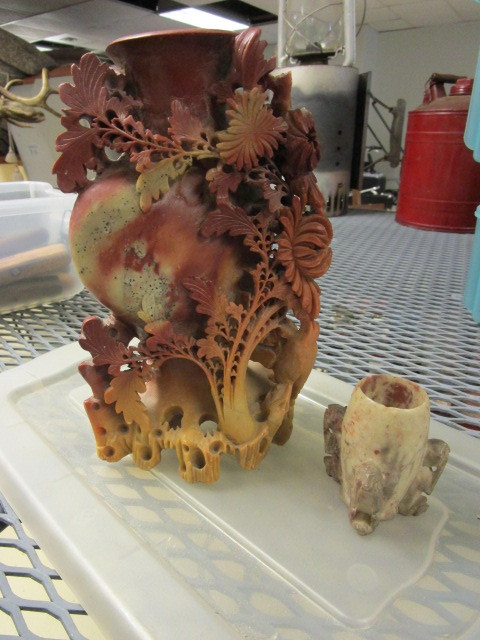 CARVED STONE VASE AND SEE NO EVIL FIGURINE