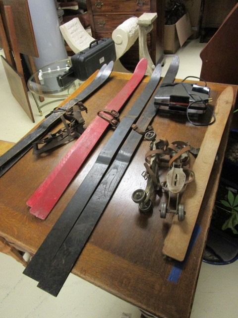 PIZELLE BAKER AND OLD ROLLER, ICE SKATES, SKIS