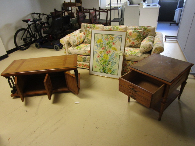CUSTOM SOFA  MATCHING PAINTING, COFFEE TABLE, END TABLE