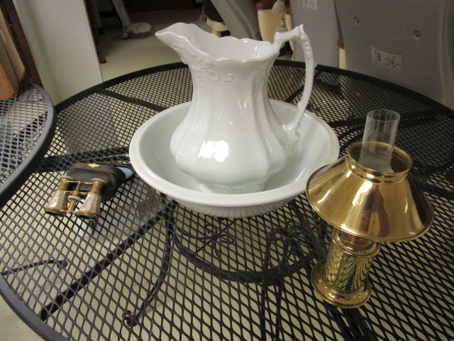 PORCELAIN PITCHER & BOWL, SMALL KEROSENE LAMP, DEBUTANT BINOCULARS