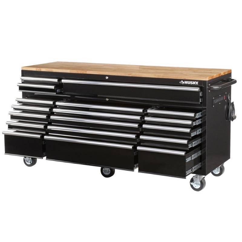 lot 1 image: Husky 72 in. 18-Drawer Mobile Workbench with Solid Wood Top, Black HOTC7218B11MYS