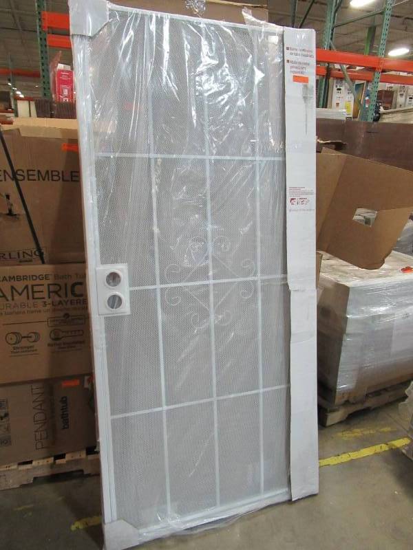 lot 56 image: Unique Home Designs Maraca Galvanized Screen Door, 36 X 80 White. Model 110