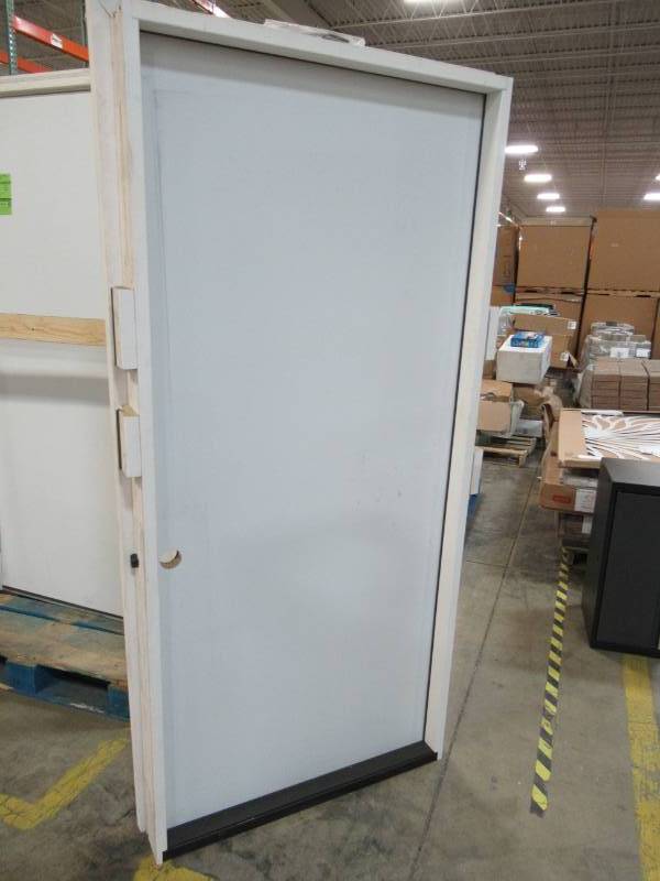 lot 62 image: Steves & Sons 36 in. x 80 in. Premium Flush Primed White Right-Hand Outswing Steel Prehung Front Door with 4 in. Wall