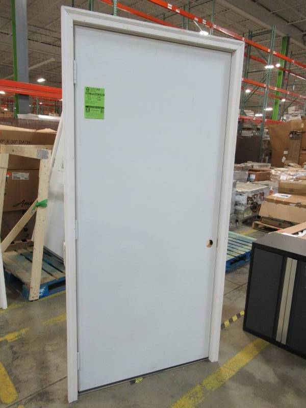 lot 63 image: Steves & Sons 36 in. x 80 in. Premium Flush Primed White Right-Hand Outswing Steel Prehung Front Door with 4 in. Wall