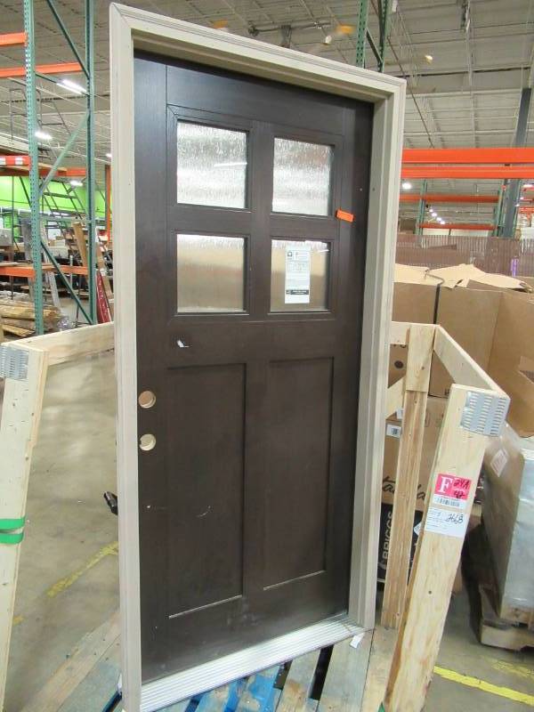 lot 66 image: Feather River Doors 37.5 in. x 81.625 in. 4-Lite Cord Craftsman Stained Cocoa Teak Right-Hand Inswing Fiberglass Prehung Front Door
