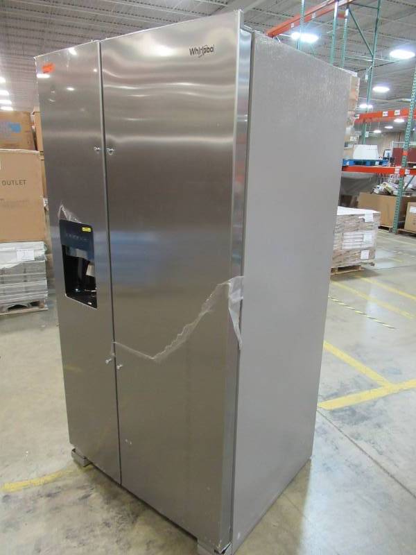 lot 77 image: Small Scratch and Dents, Missing Handles - Whirlpool 24.6-cu ft Side-by-Side Refrigerator with Ice Maker (Fingerprint-Resistant Stainless Steel) WRS315SDHZ