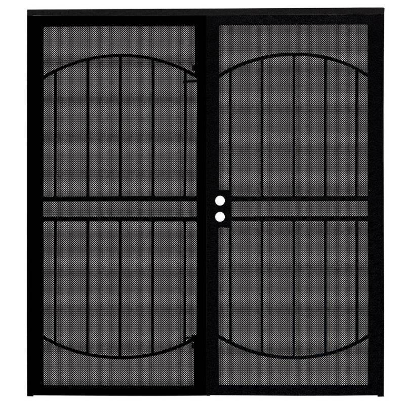 lot 61 image: Unique Home Designs 72 in. x 80 in. Arcada Black Surface Mount Outswing Steel Double Security Door with Expanded Metal Screen