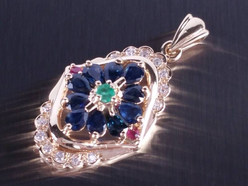lot 16 image: Natural Custom Sapphire, Ruby, Emerald, and Diamond Pendant in 14k Gold