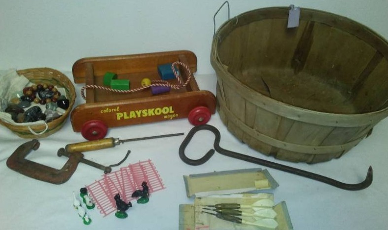 lot 71 image: Vintage toys, Bale hook, Apple basket and more.