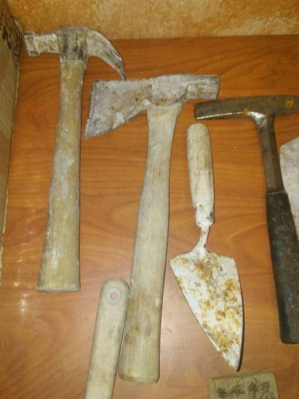 lot 242 image: Cement tools, specialty hammer and Hatchet. Cement funnel and more.