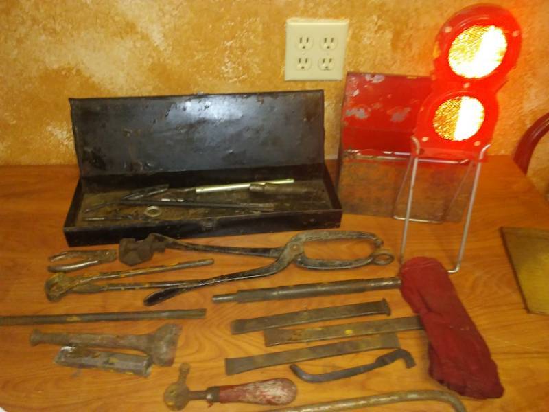 lot 256 image: Vintage road flares and specialty tools. Fabulous lot full of questions