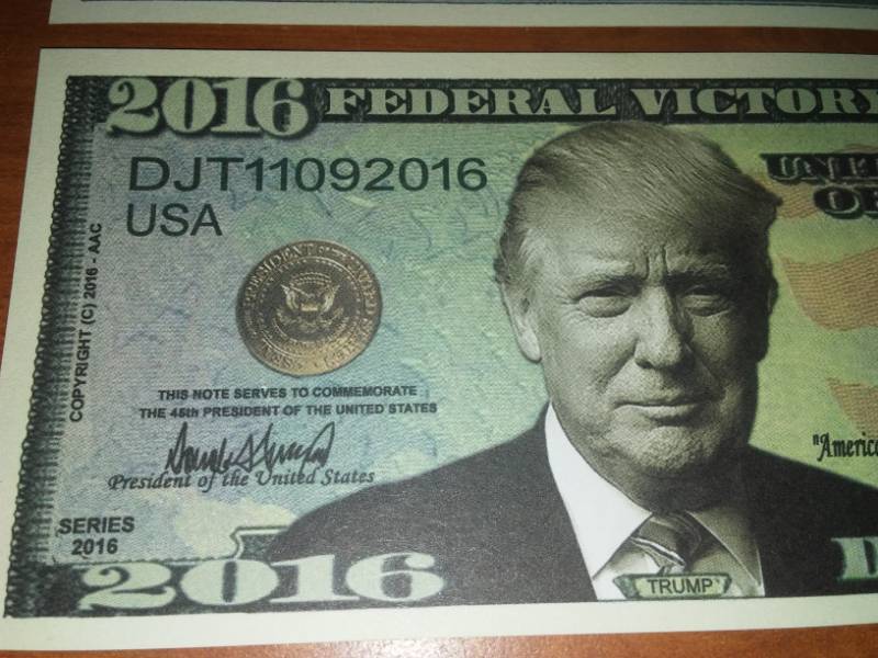 lot 225 image: 2016 President Donald J Trump Federal Victory note. Punk your favorite Democrat. (10)