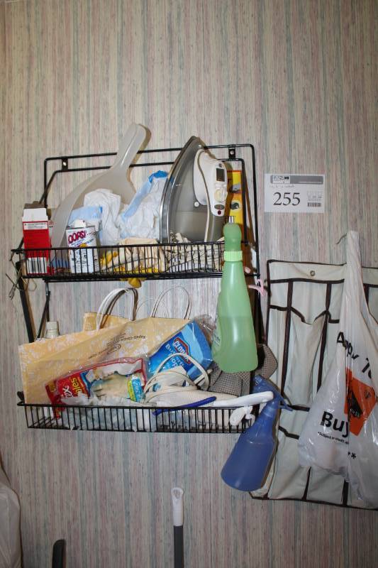 lot 255 image: 2-Tier Wall Rack, Clothes Iron, Household Sprays, And More