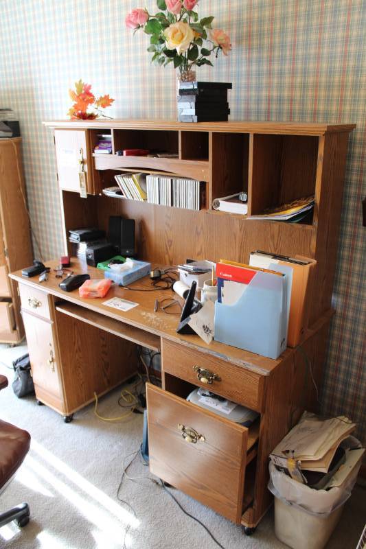 lot 156 image: Wood Rolling Office Computer Desk w Bookcase