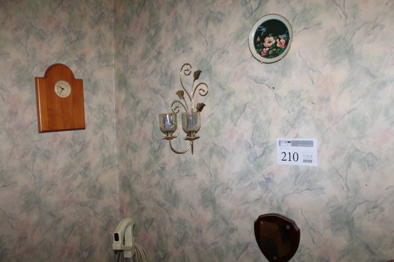 lot 210 image: Wall Dcor - Clock, Candle Holders, Plate, Plaque, Rack
