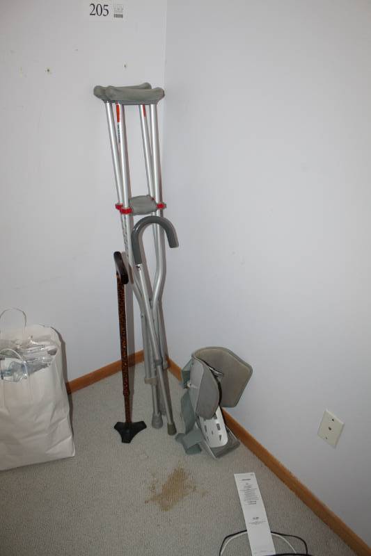 lot 205 image: Metal Crutches, Walking Cane, Medical Boot