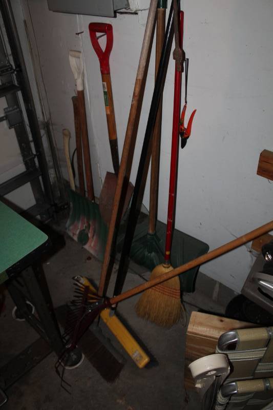 lot 289 image: Brooms, Push Brooms, Shovels, Axe, Hatchet, And More