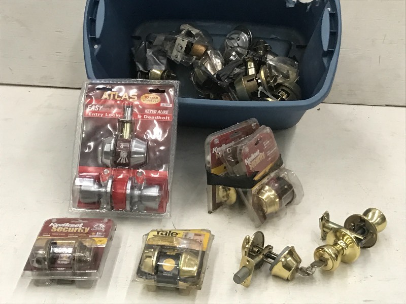 lot 24 image: Tote Of Assorted Door Deadbolt Sets...