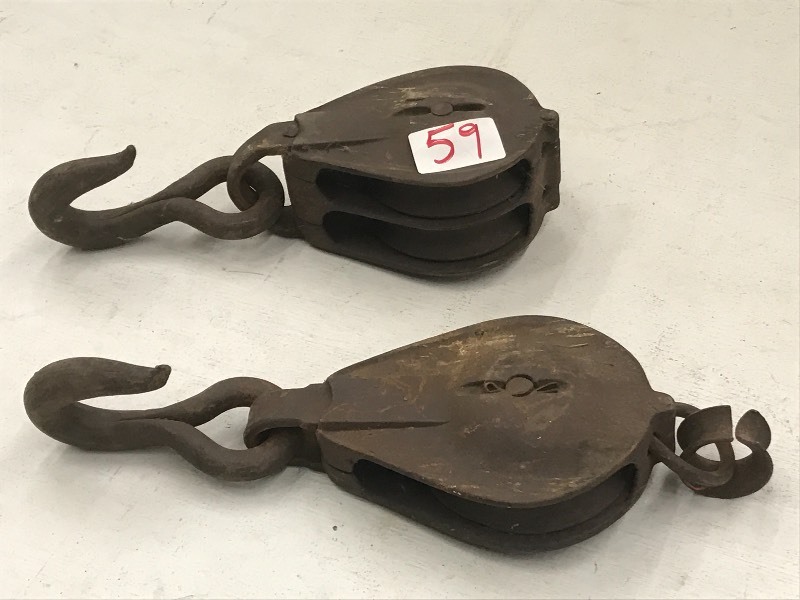 lot 59 image: (2) Antique Pulley Hooks ...