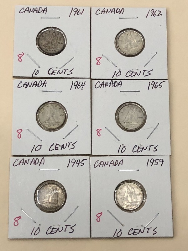 Canadian silver dimes 1945, 1959, ...