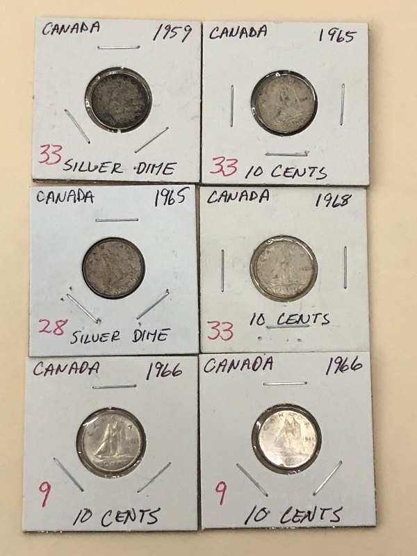 Canadian silver dimes 1959, 1964, ...