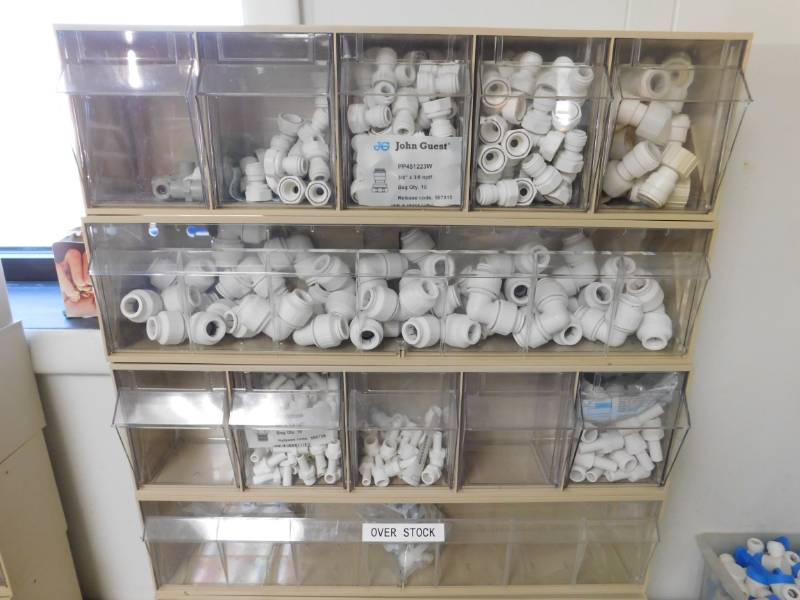 lot 17 image: Plastic Part Bins w Misc. John Guest Connectors
