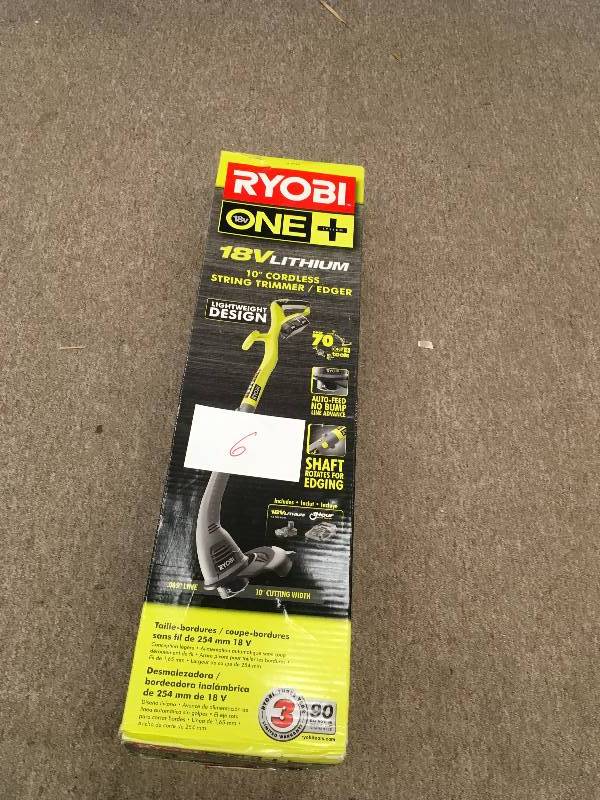 lot 6 image: Ryobi P2030 One 18v Electric Cordless String Trimmer and Edger Grass Cutter in good condition