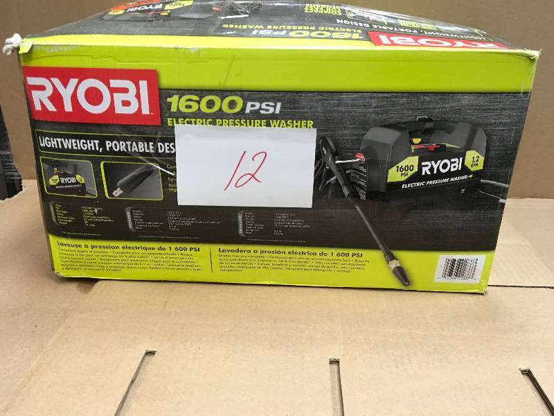 lot 12 image: Ryobi RY141612 1,600-PSI 1.2-GPM Electric Pressure Washer  in good condition