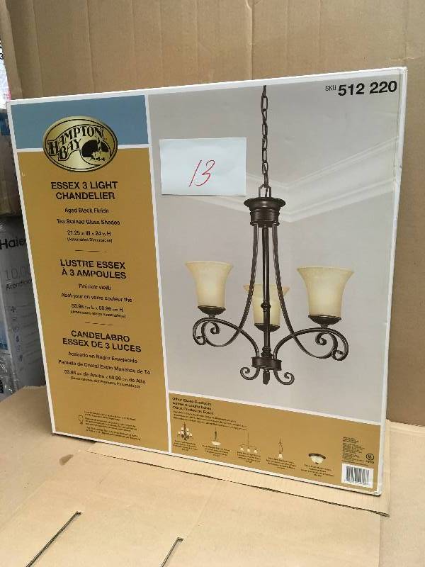 lot 13 image: Hampton Bay 14708 Essex 3-Light Aged Black Chandelier Aged Black New