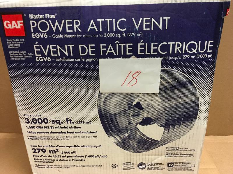 lot 18 image: Master Flow EGV6 Power Gable Mount Attic Fan Ventilators, 1600 CFM  not used