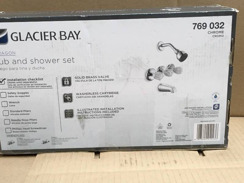 lot 23 image: Glacier Bay 3-Handle Tub and Shower Faucet Set in Chrome 769032 not used