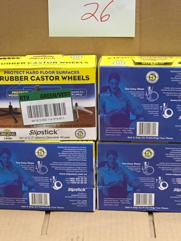 lot 26 image: Slipstick CB680 Rubber Caster Wheels, Set of 5 LOT OF 4 SETS new