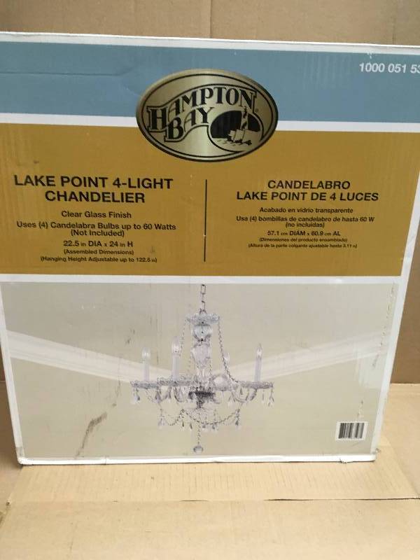 lot 40 image: Hampton Bay Lake Point 4-Light Chrome and Clear Crystal Chandelier new