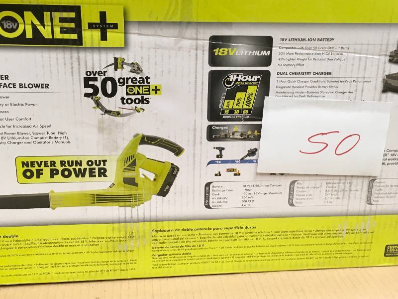 lot 50 image: Ryobi ONE 150 MPH 200 CFM 18-Volt Lithium-Ion Hybrid Leaf BlowerSweeper - 1.3 Ah Battery and Charger Included in working conditions