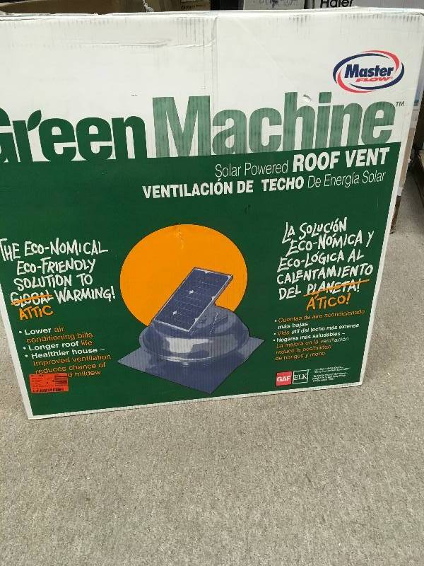 lot 58 image: Solar Vents Master Flow Knobs 500 CFM Solar Powered Roof Mount Exhaust Fan Meta not used
