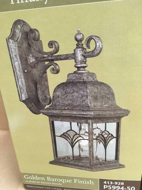 lot 62 image: LOT OF TWO Progress Lighting Tiffany 1-light Golden Baroque Outdoor Wall Lantern P5994-50 new